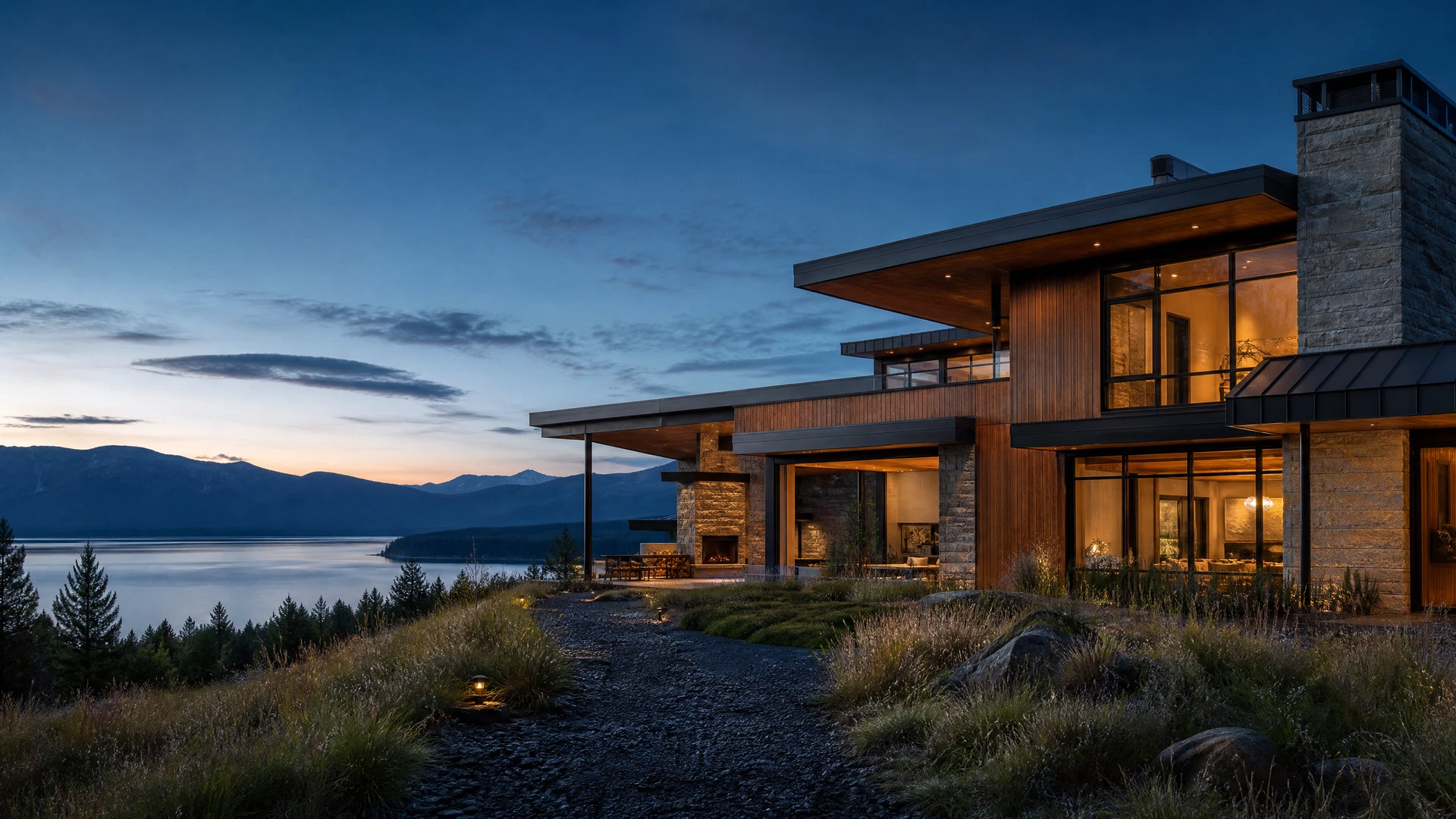 Contemporary mountain residence overlooking lake and forest at blue hour